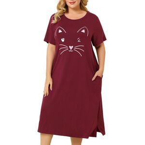 Women's Plus Size Nightgown Pajamas Pockets Cute Cat Sleepwear Burgundy